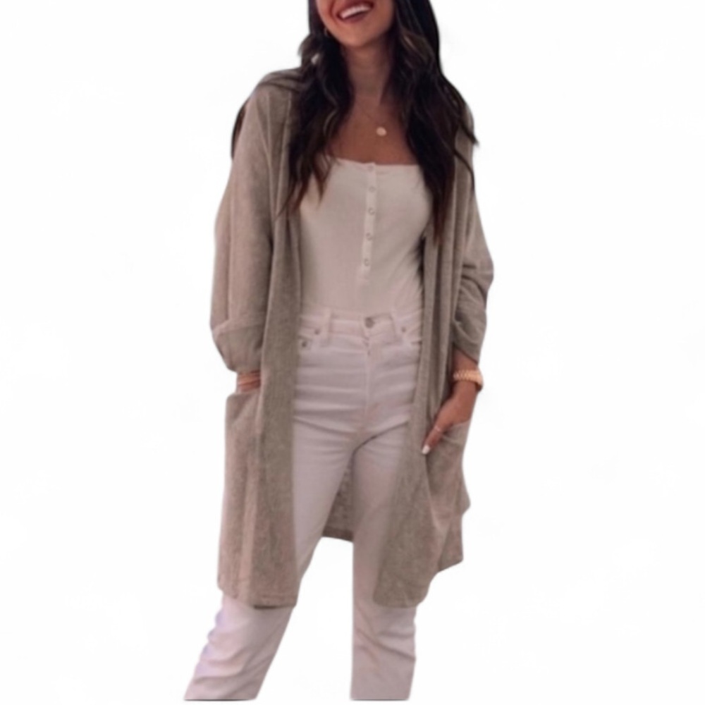 DONNI Women’s Sandwash Open Long Cozy Soft Cardigan Pockets Grey Beige Tan OS